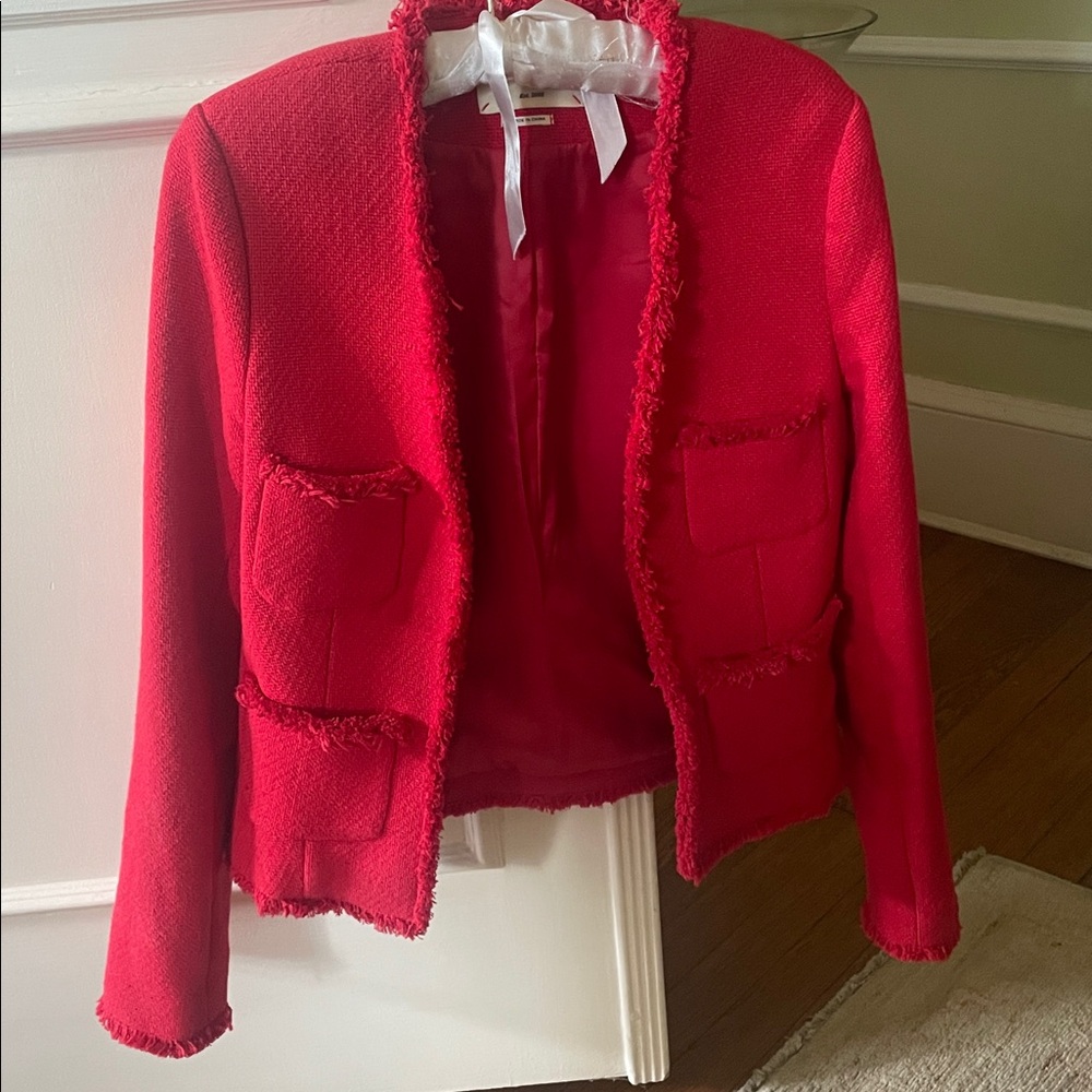 L'AGENCE Red Fringed Open-Front Blazer - Picture 2 of 16